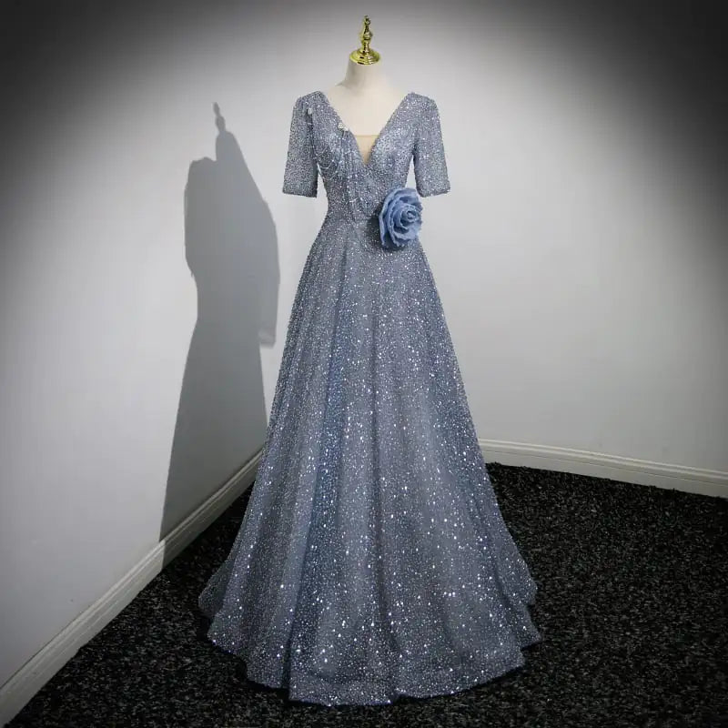 V-neck Heavy Embroidery Sequins Evening Dress in Ash Blue
