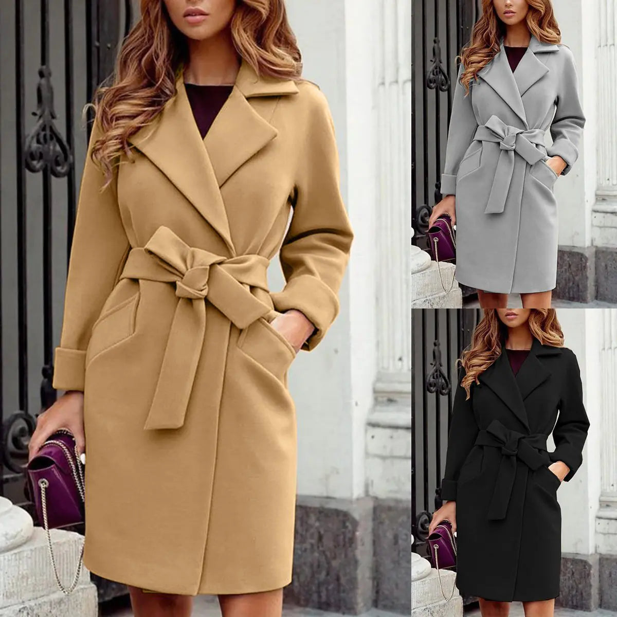 Fashion Slim Belted Lapel Woolen Jacket