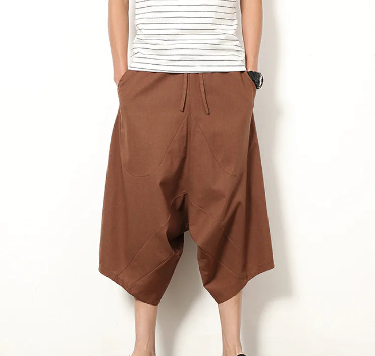 Cotton Linen Harem Pants - Japanese Style Cropped Trousers
