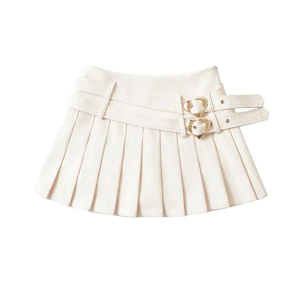 College Style Double Waist Heart Buckle Skirt
