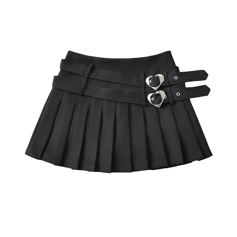 College Style Double Waist Heart Buckle Skirt