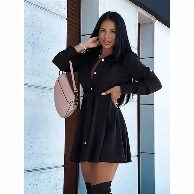 Lapel Button Lace Up Dress for Beauty