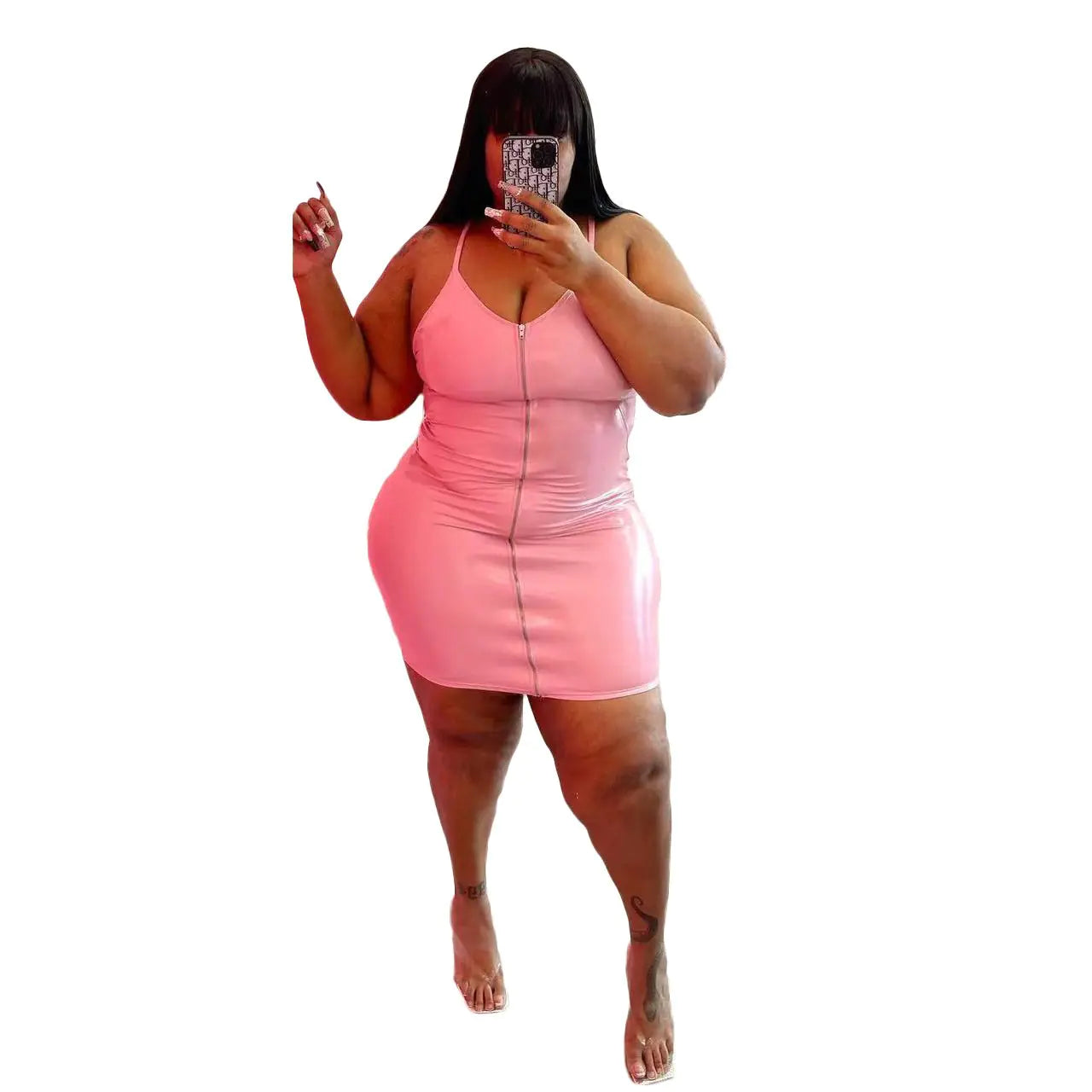 Women's PU Leather Zipper Dress with Hip Package