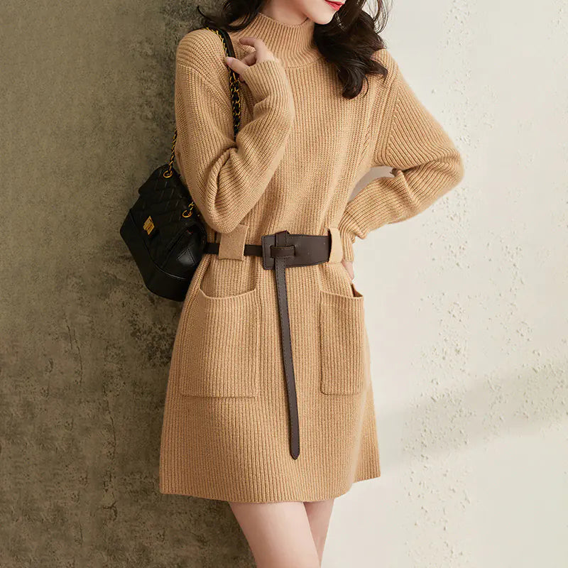 Knitted Half Turtleneck Dress for Spring and Autumn