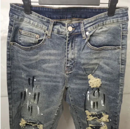 High Street Style Sequin Patch Slim Fit Jeans
