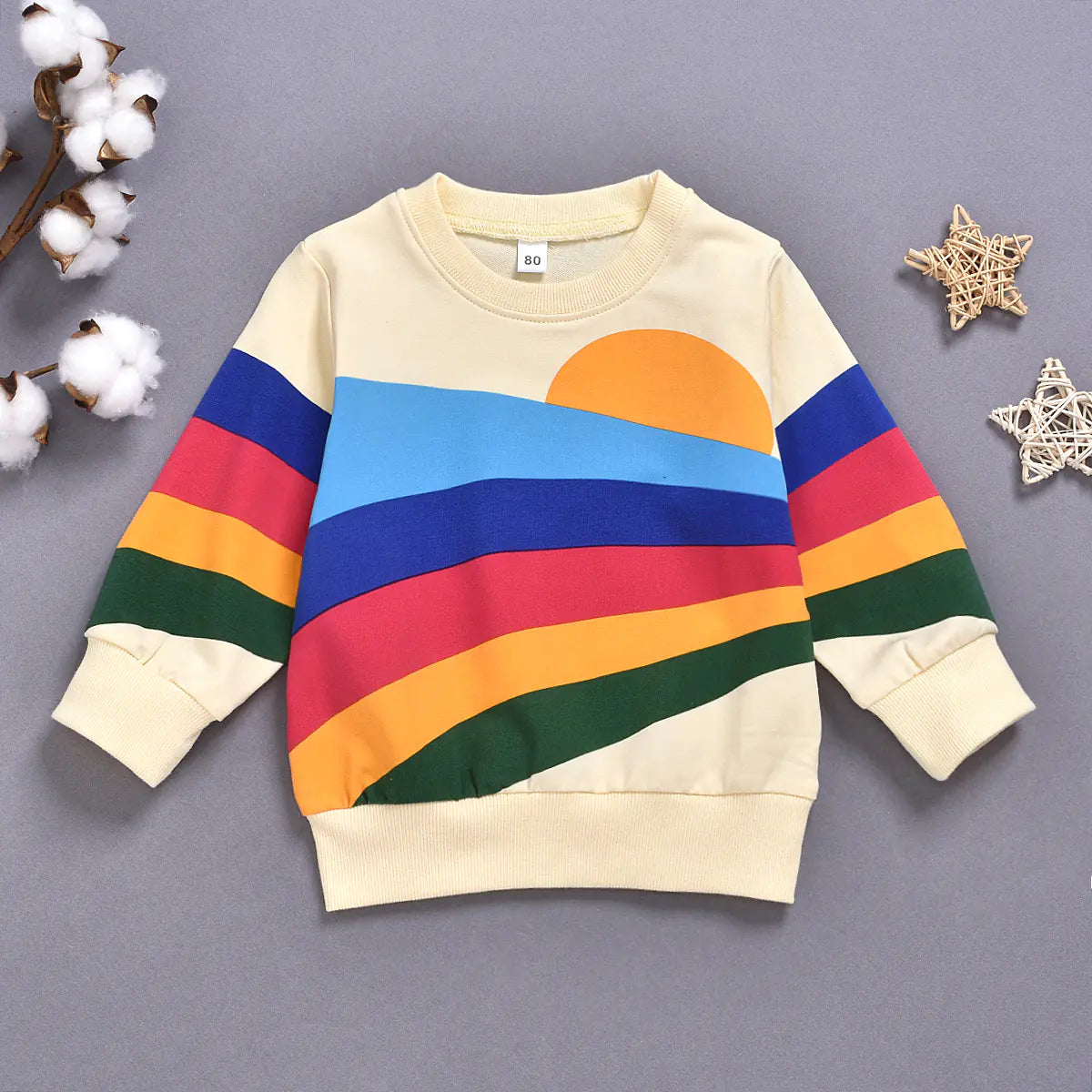 Rainbow Print Long Sleeve Round Neck Kids Clothing