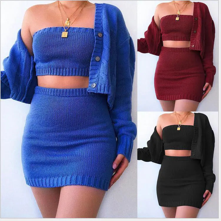 3-Piece Set: Sexy Sweater Cardigan and Skirt Outfit