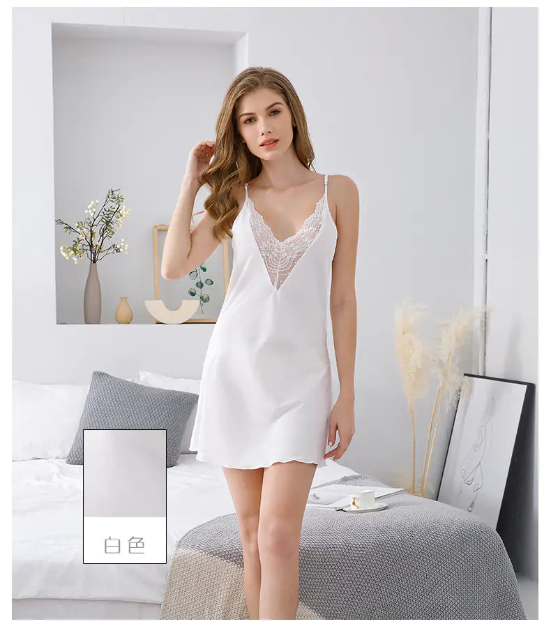 Silkworm Silk Lace Women's Sexy Nightdress for All Seasons
