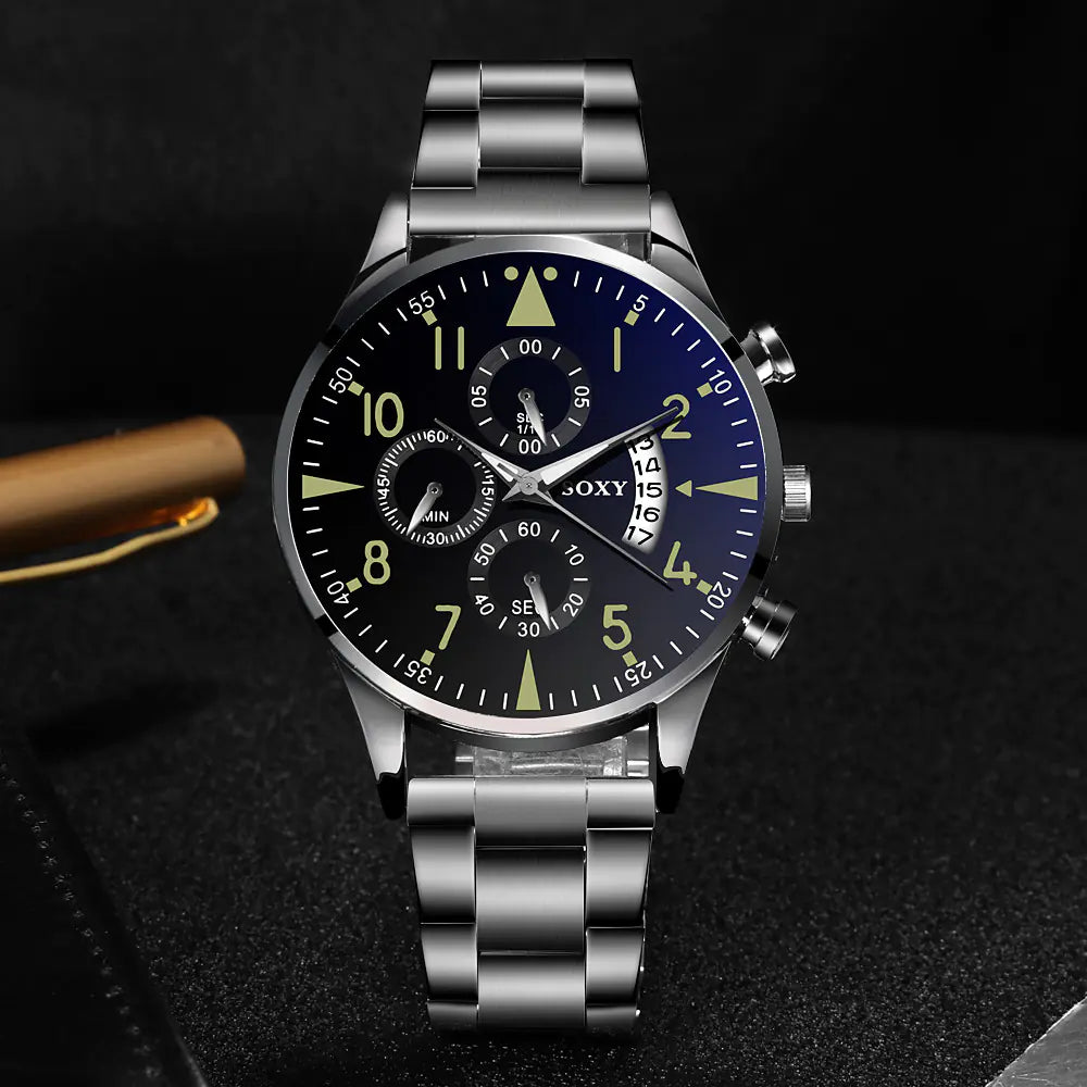 Men's Steel Band Watch with Luminous Dial and Calendar