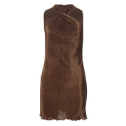 Sleeveless Cross Halterneck Dress with Wooden Accents