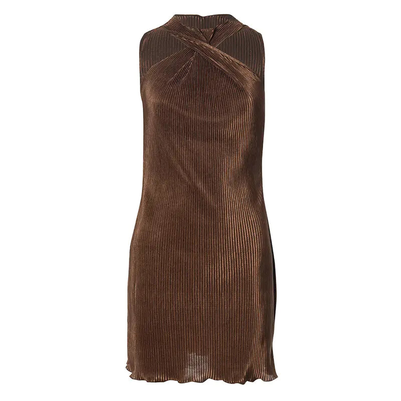 Sleeveless Cross Halterneck Dress with Wooden Accents